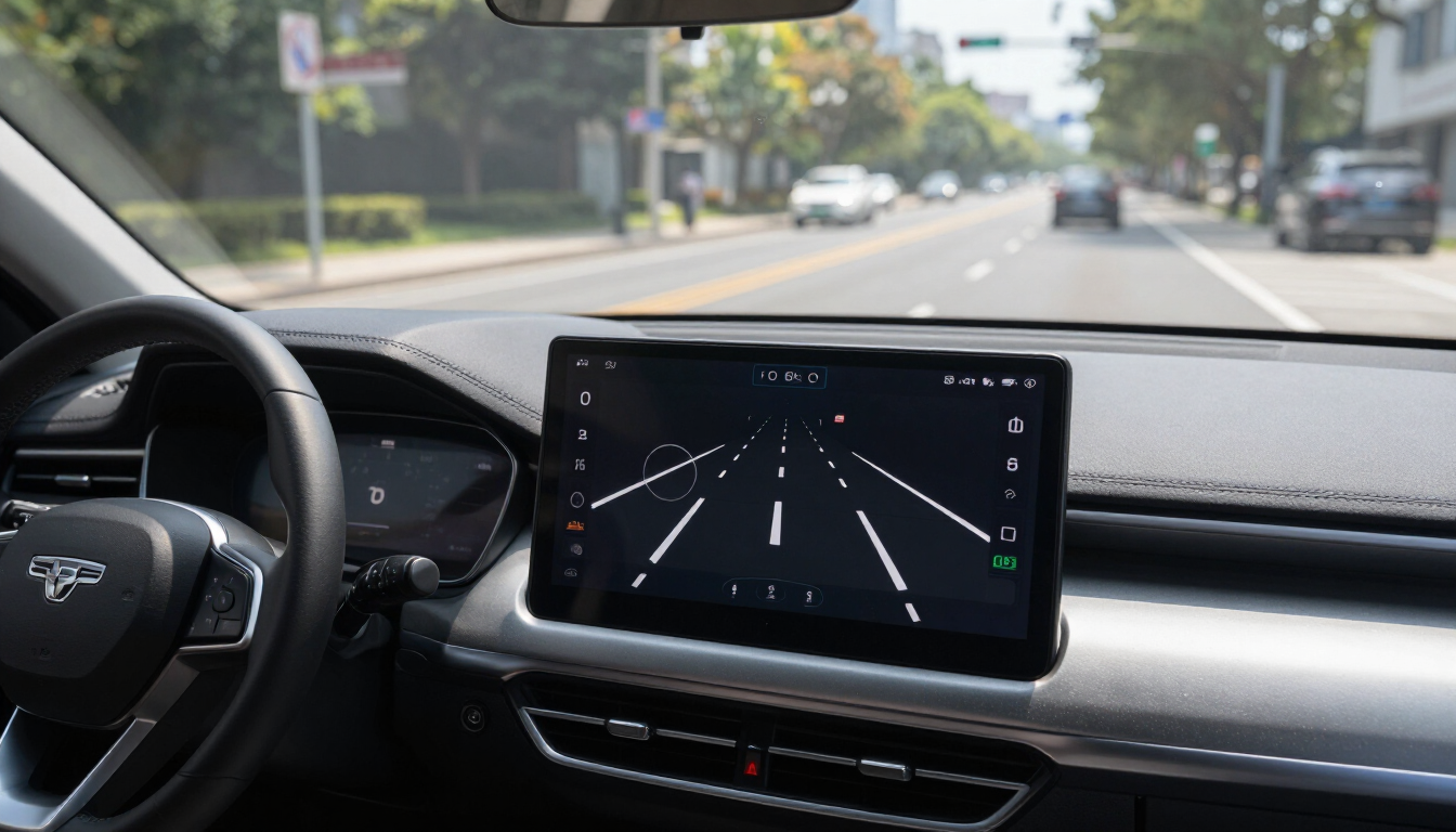 Driver’s view of a car dashboard with a navigation screen showing lane guidance on a city street