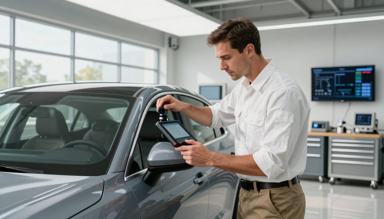 Man in white shirt using a diagnostic tablet on a silver car in a bright auto service bay