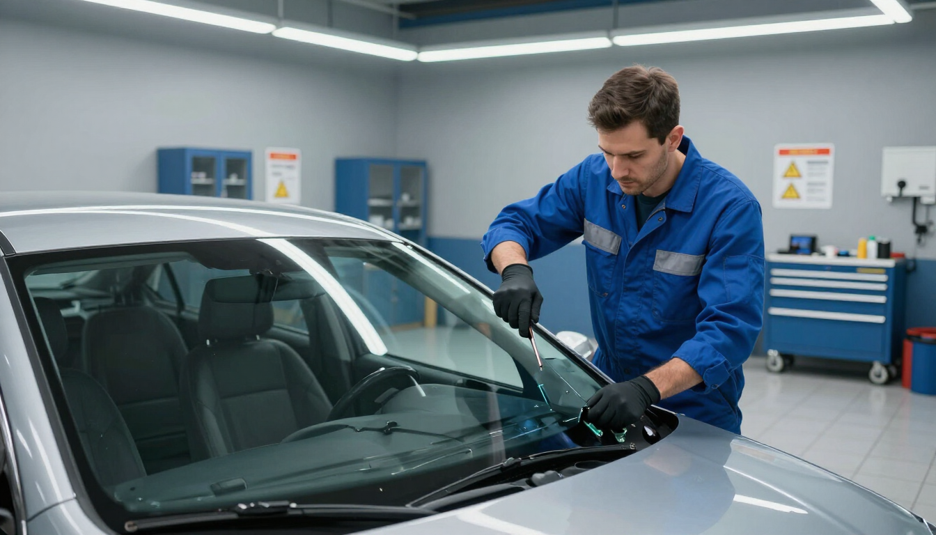 Mechanic in blue coveralls inspects a silver car windshield in a garage