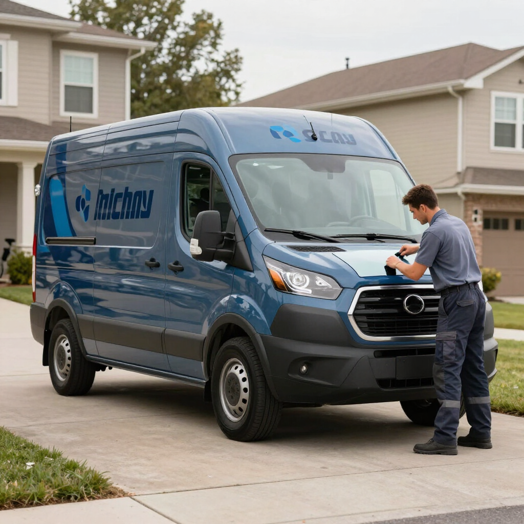 Blue delivery van parked in a driveway while a worker checks something on a clipboard.