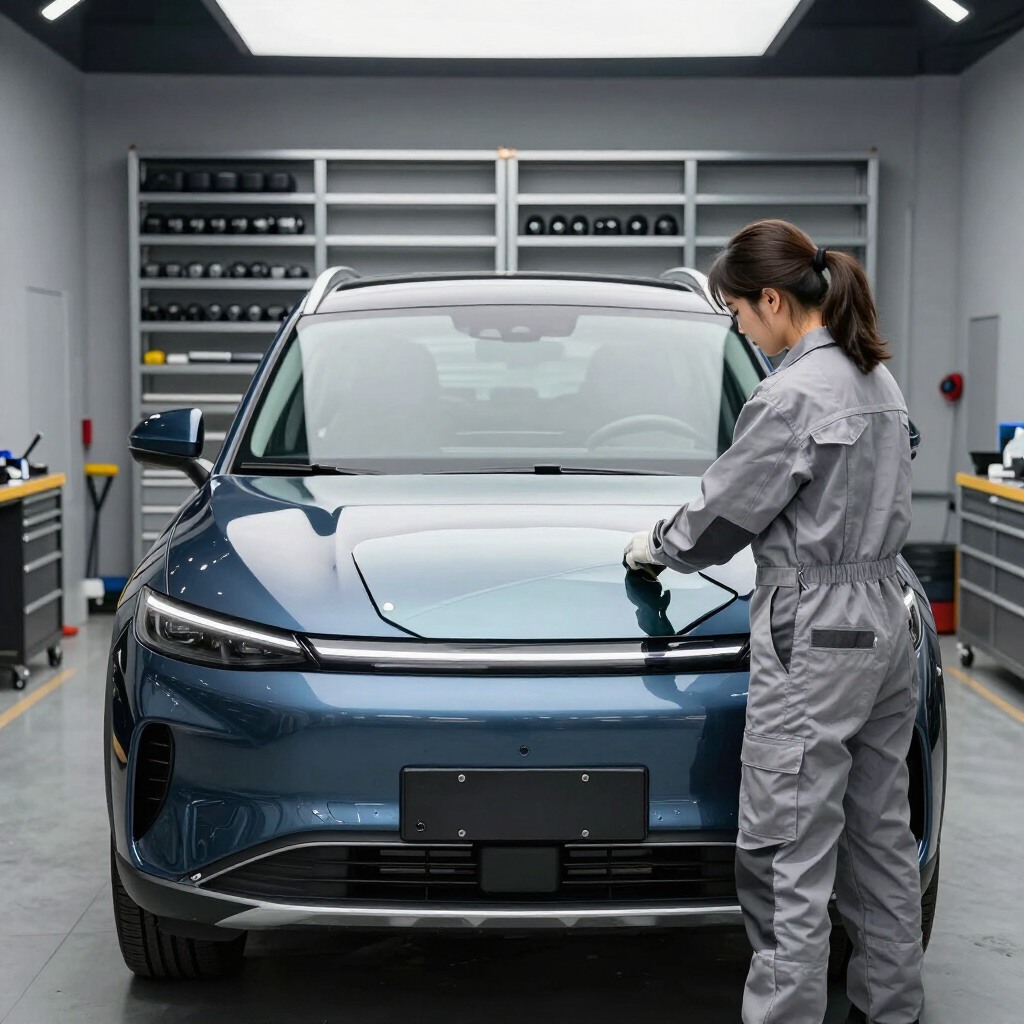 Technician inspecting a blue SUV in a clean auto service garage