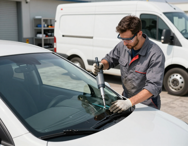 Technician replacing a side window