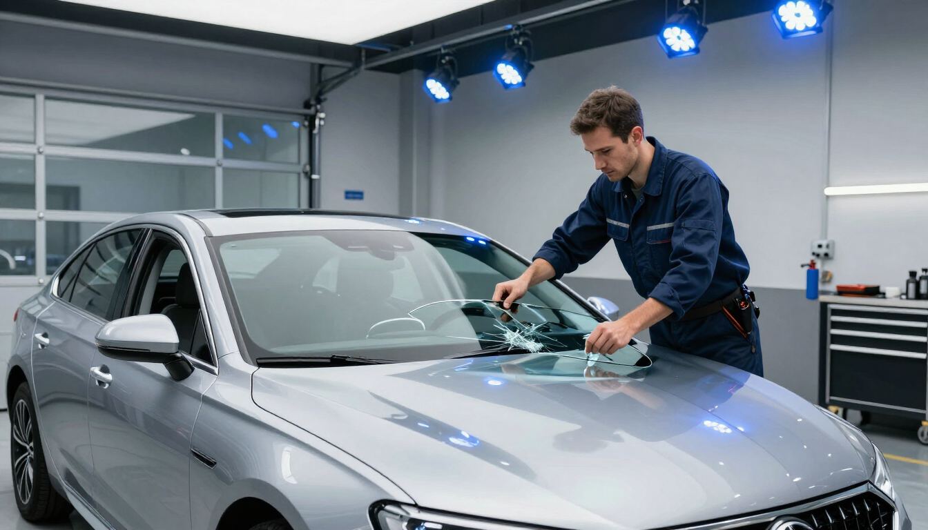 Technician polishing a silver car under bright lights in a garage workshop