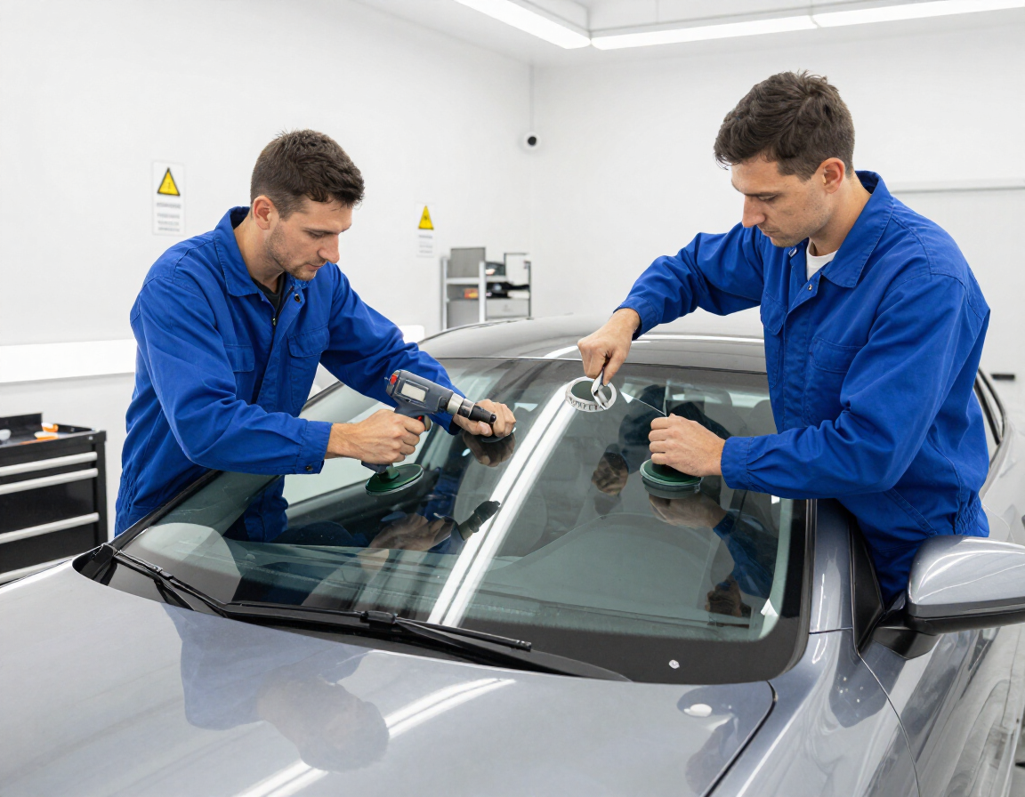 Technician replacing a side window