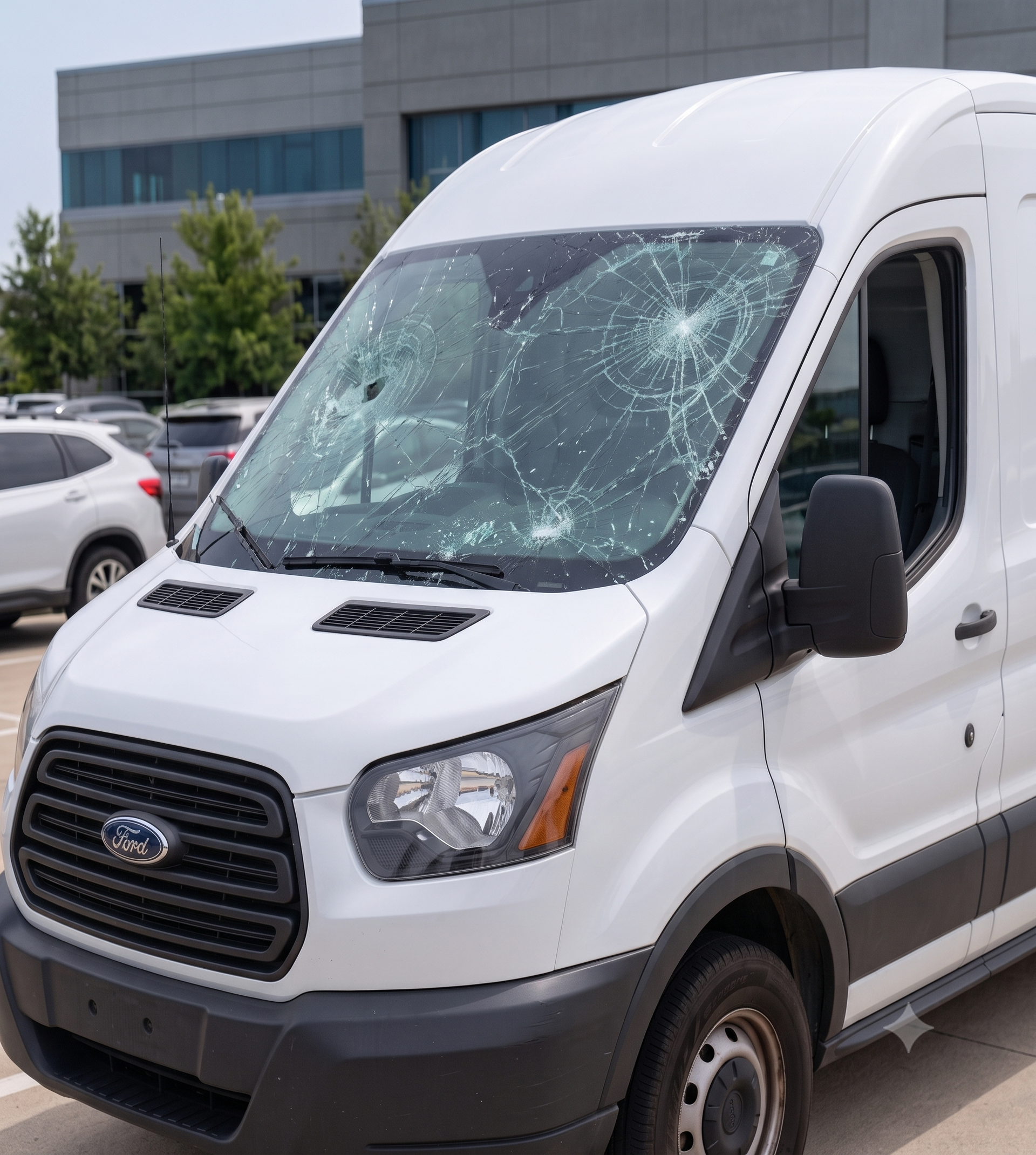 White cargo van with shattered windshield parked outdoors in front of an office building