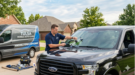 Technician applying windshield film on a black Ford truck in a residential driveway with a Tulsa Mobile detail van nearby