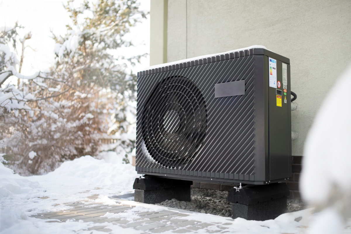A black air conditioner is sitting in the snow outside of a building.