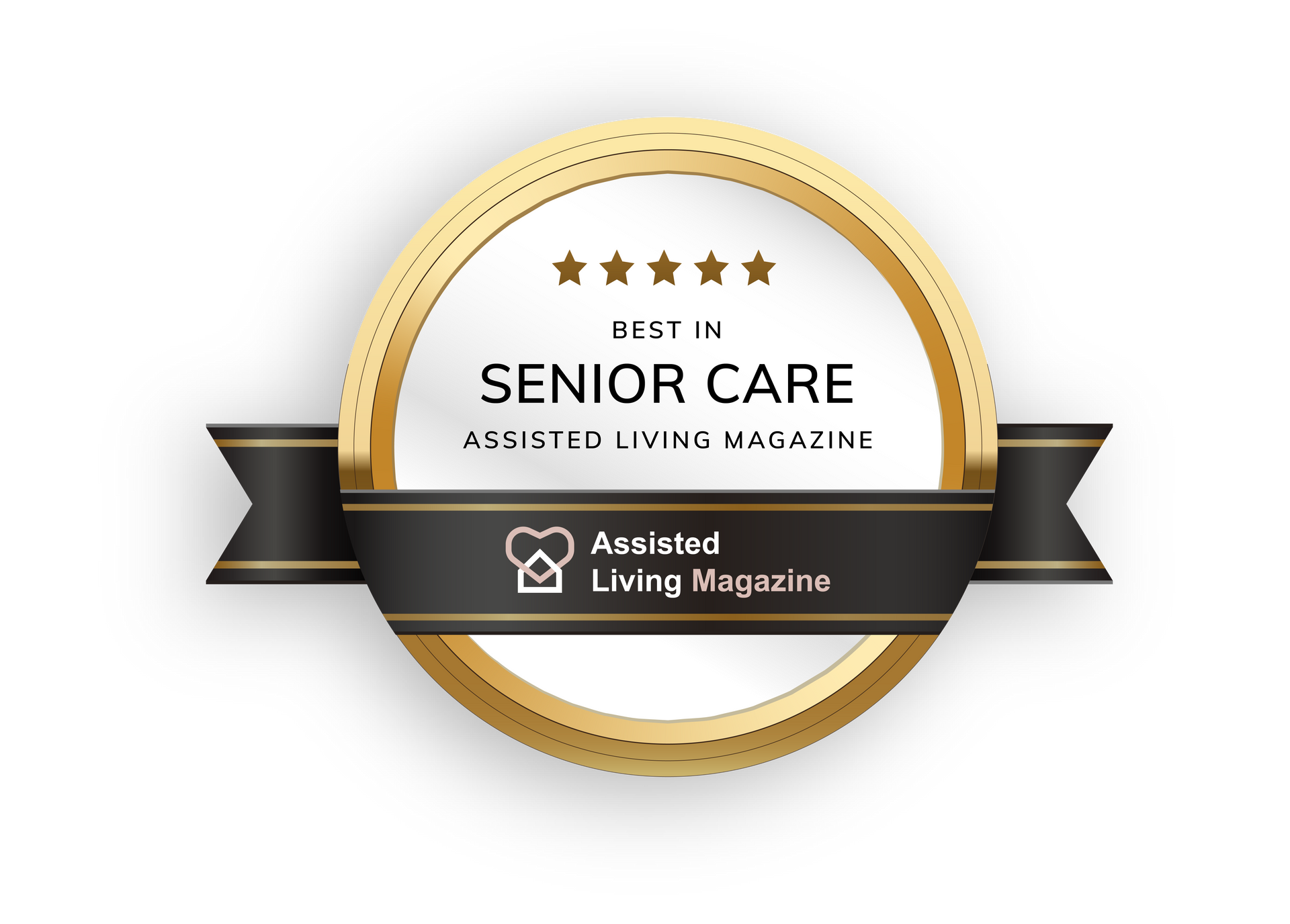 Gold badge logo for Senior Care Assisted Living Magazine with black ribbon and stars