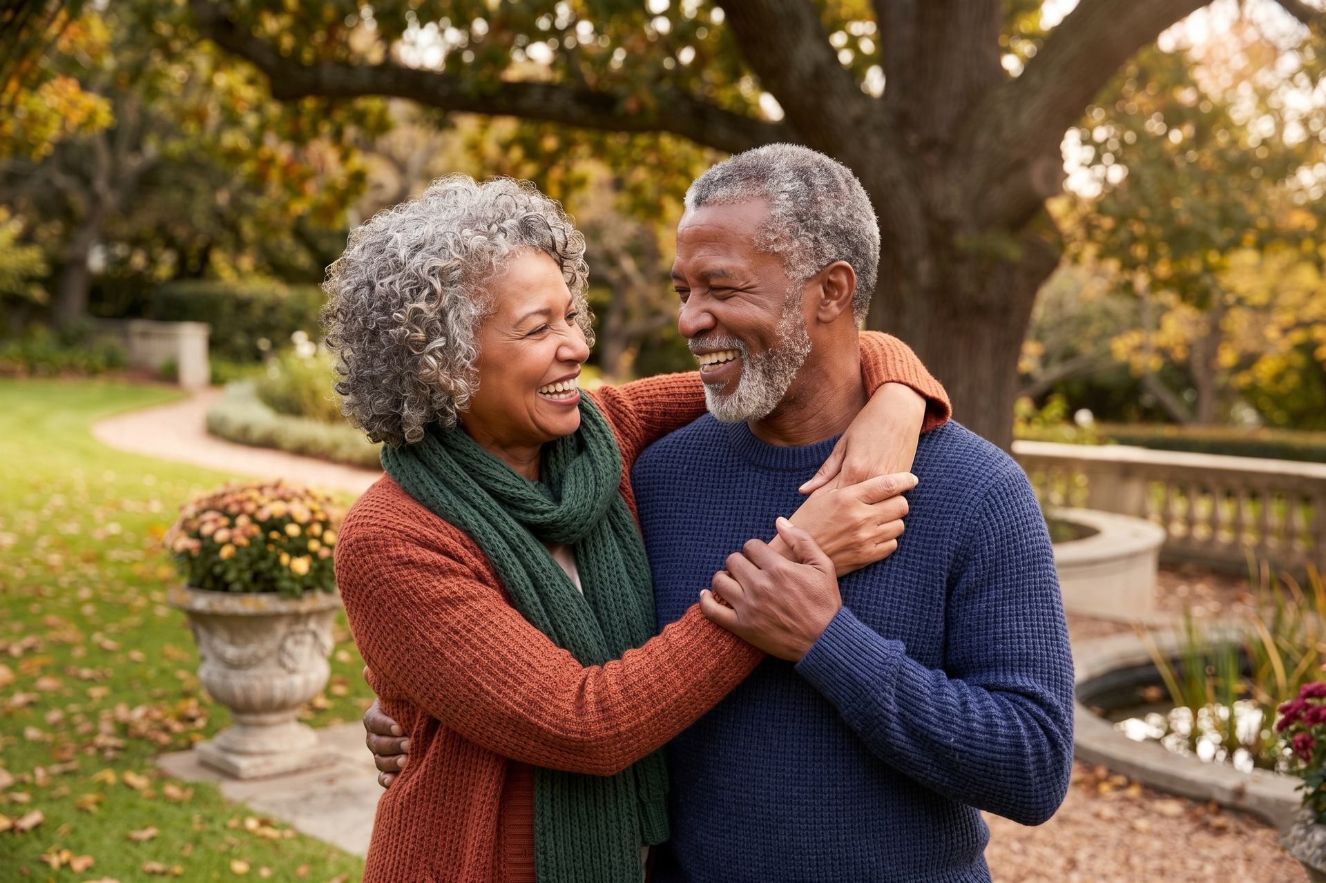 An elderly couple hugging each other on a rooftop at sunset.