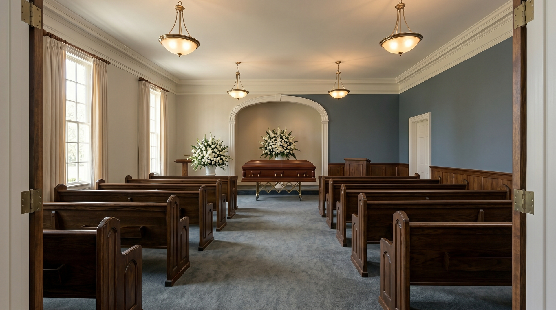 The inside of a church with rows of wooden benches and stained glass windows.