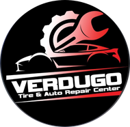 Logo for Verdugo Tire & Auto Repair Center, black circle with car silhouette, gear, wrench, and text.
