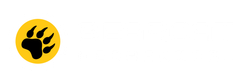 Black bear paw in a yellow circle logo. White background.