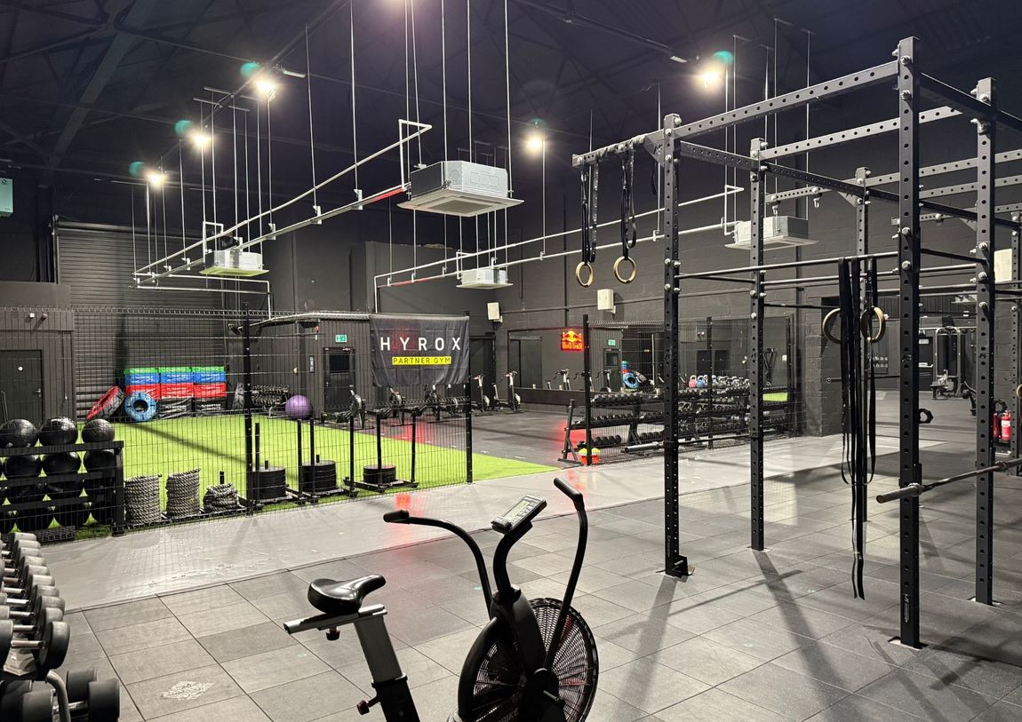 Large HYROX and functional fitness training area at Team Rees Gym in Caerphilly, designed for strength, conditioning and functional workouts.
