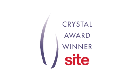 Crystal Award Winner logo with abstract purple design and 