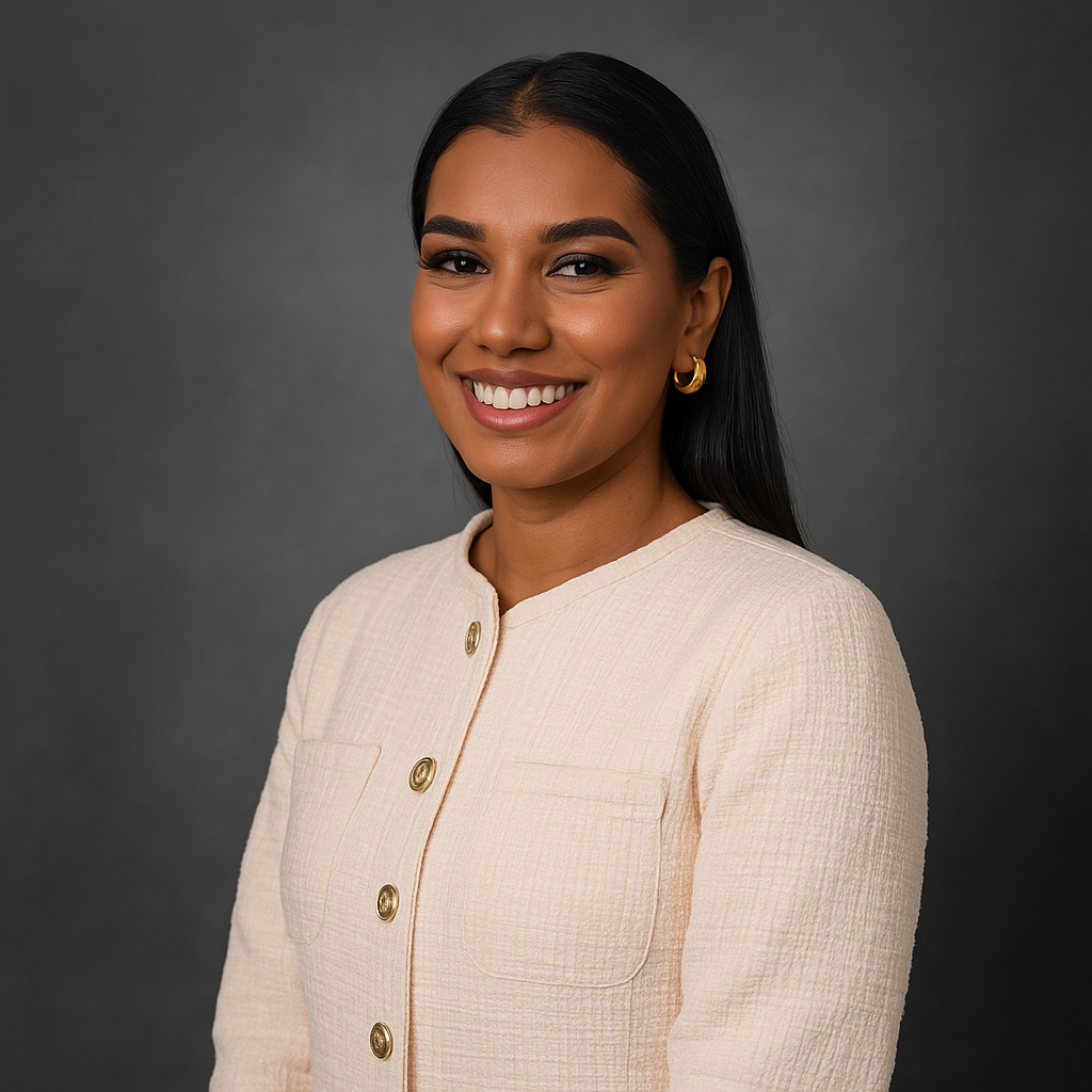 Woman smiling, wearing a cream-colored blazer with gold buttons, dark hair, gold earrings, against a gray backdrop.