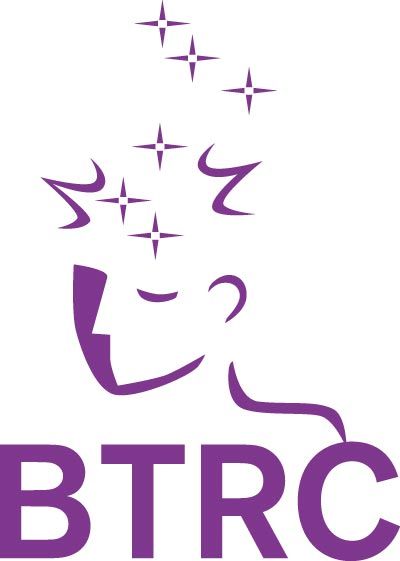 Purple logo: stylized person with sparkling thought bubbles,