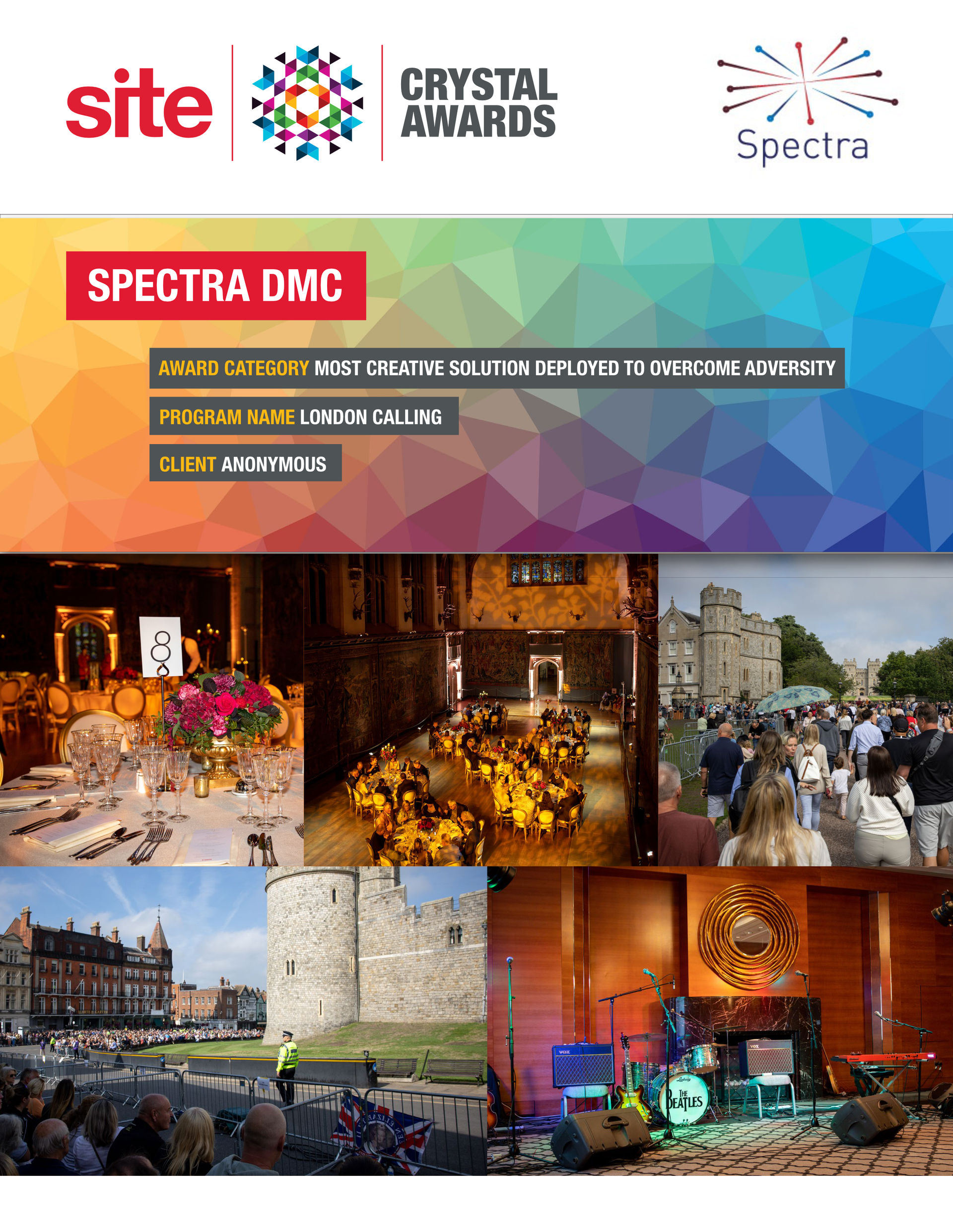 Spectra DMC promotional material with event photos and logos against a colorful geometric background.