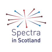 Logo for Spectra in Scotland: Abstract burst of lines with colored dots, and text below.