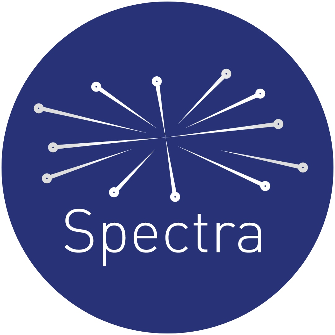 Spectra logo: white burst design with dots, over 
