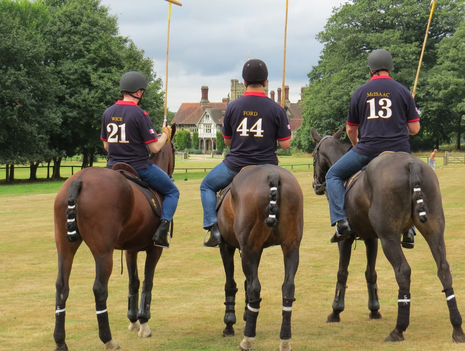 Three polo players on horseback, backs to the viewer, wearing team jerseys with numbers, in a grassy field.