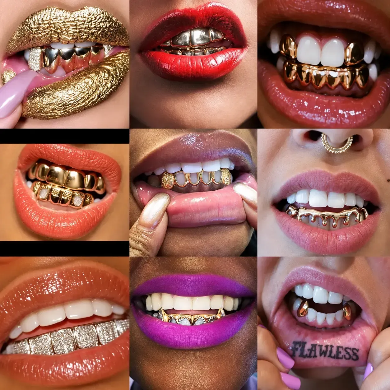 multiple gold grillz in a collage