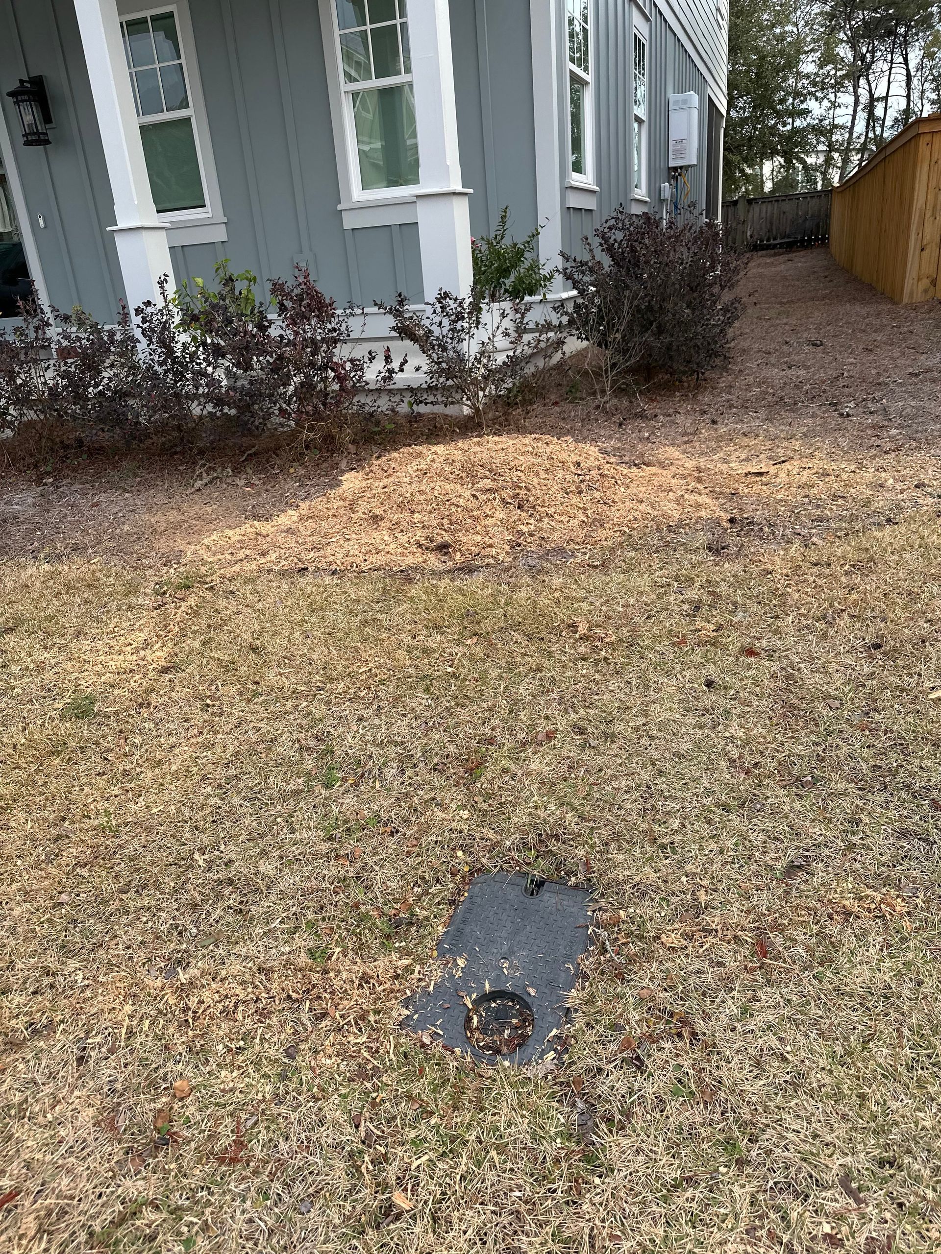 Grass Lawn With Wood Chip Pile