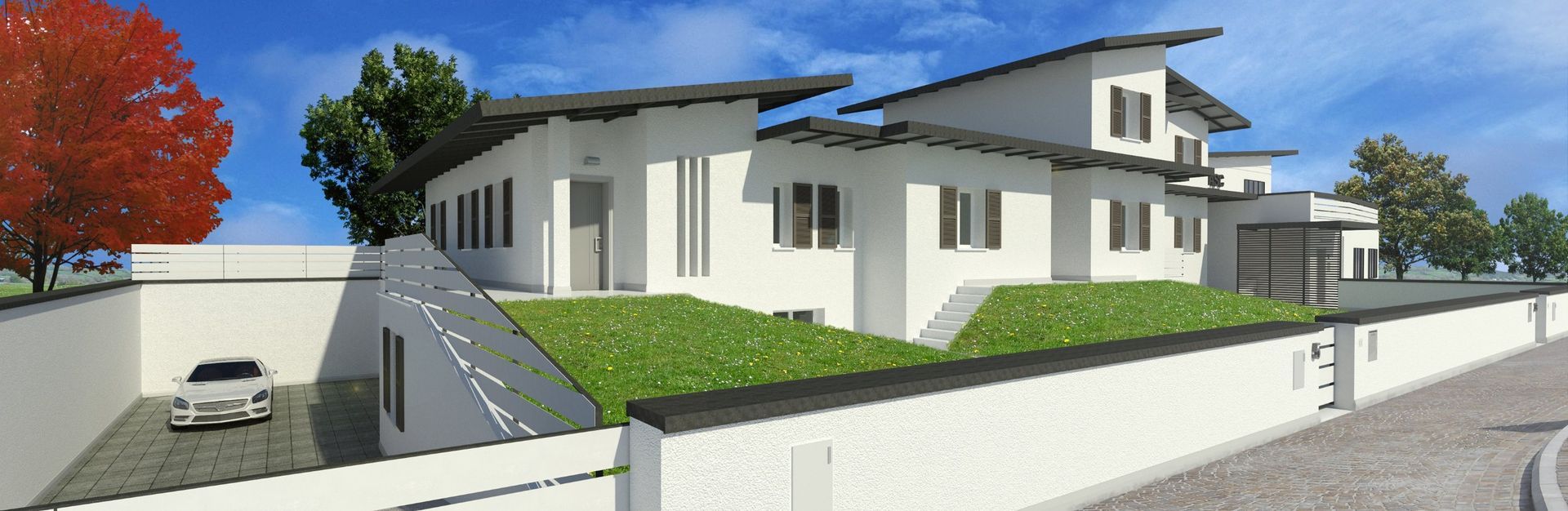 Moderna casa bianca con tetto spiovente, prato e un'auto parcheggiata davanti.
