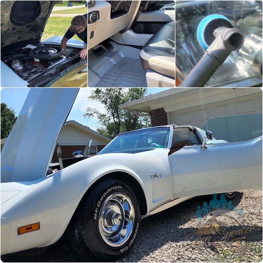 White Corvette being cleaned and worked on. Person working on engine, cleaning interior, and polishing windows.