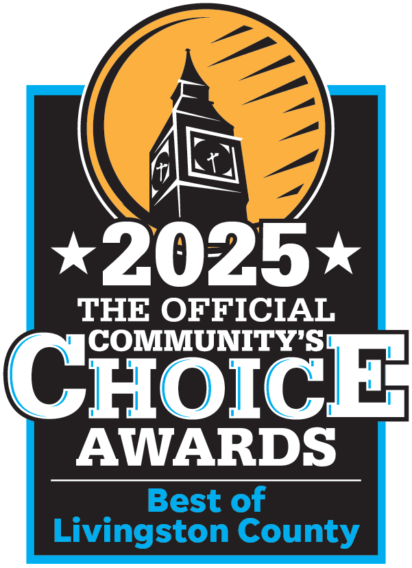 2025 Official Community's Choice Awards badge, black and teal with clock tower icon, Best of Livingston County