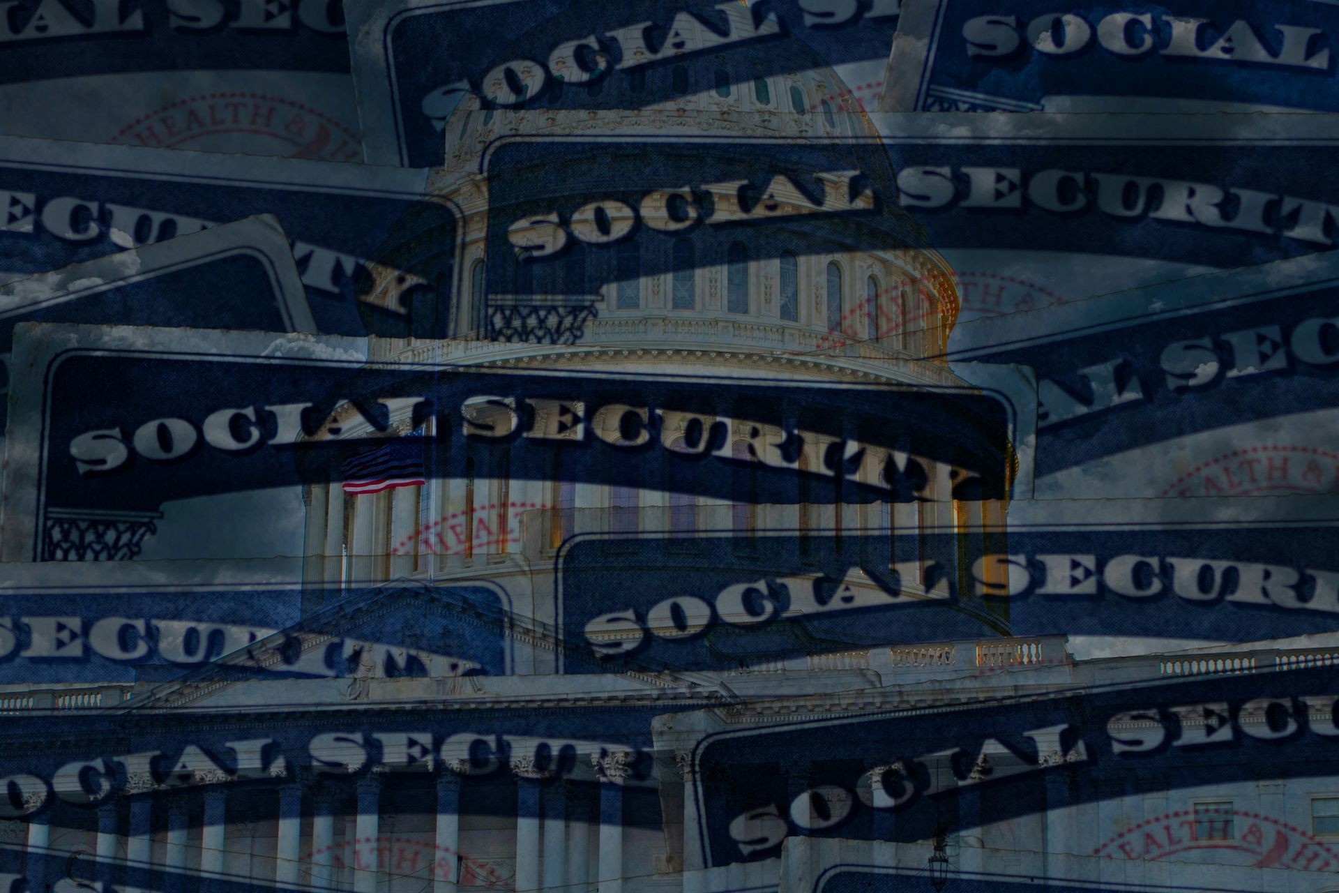 Stacks of Social Security cards fanned out in blue and gray tones
