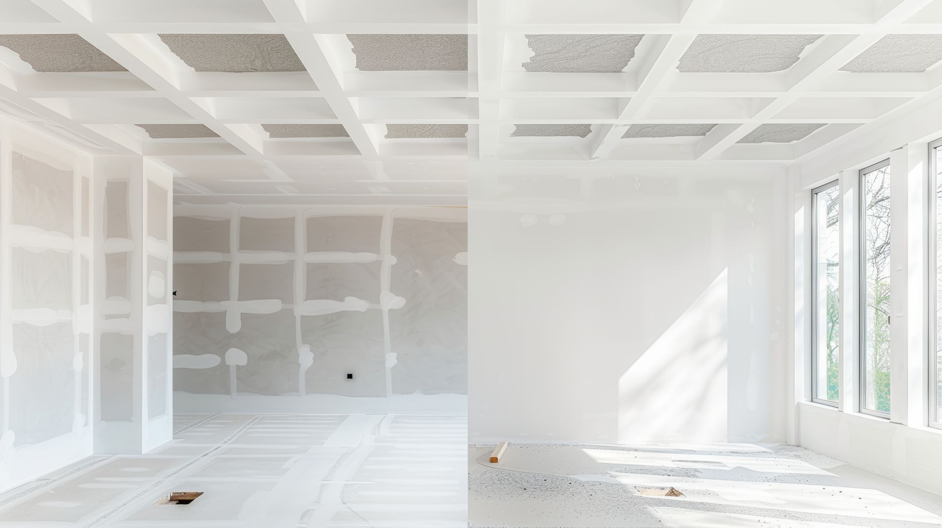 Bright unfinished white room with coffered ceiling, built-in shelving, and tall windows letting in sunlight