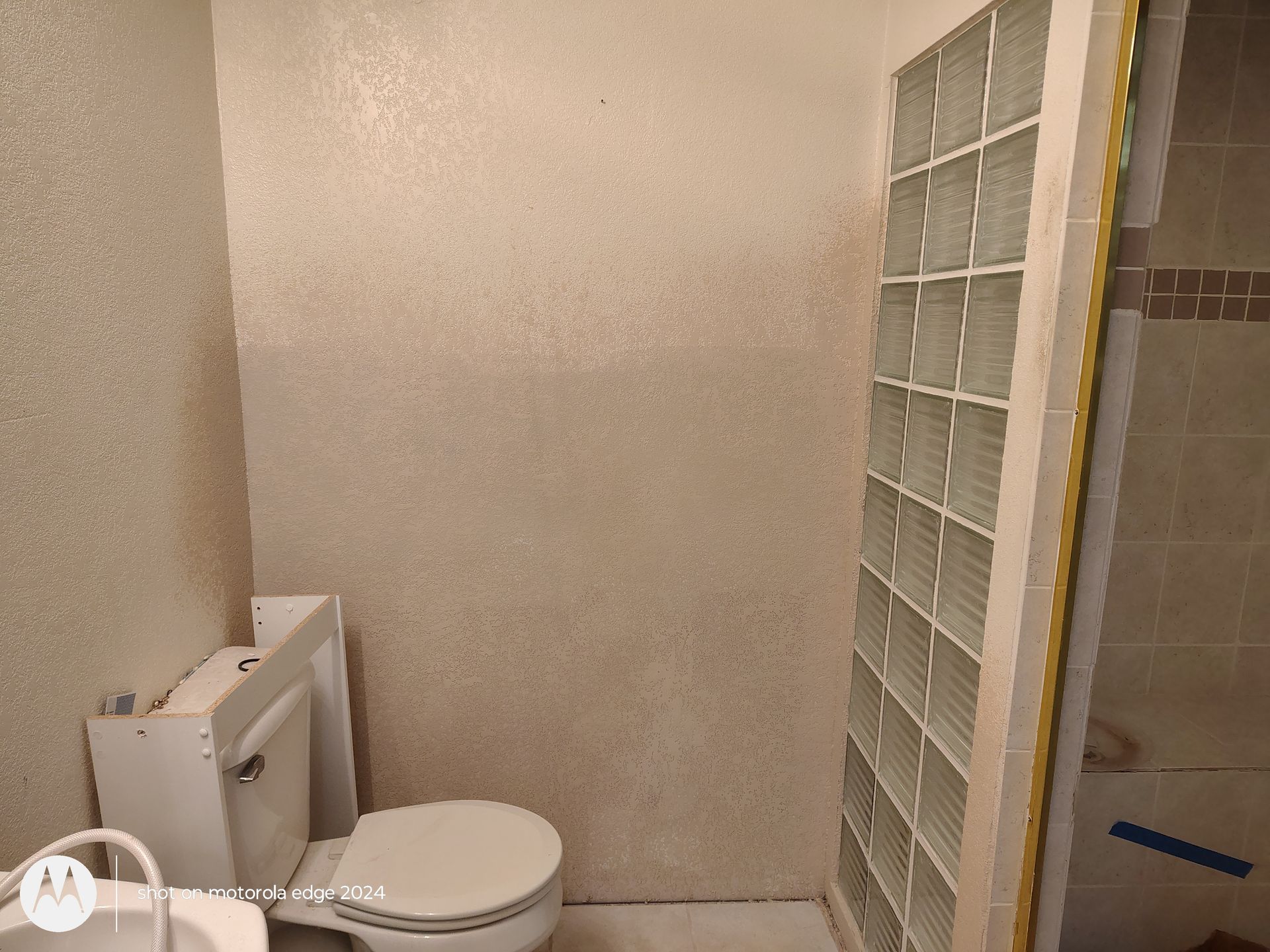 Small bathroom with a toilet beside a glass block shower wall.