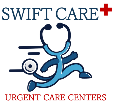 The logo for swift health care is black and blue with a blue cross.