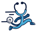 The logo for swift health care is black and blue with a blue cross.