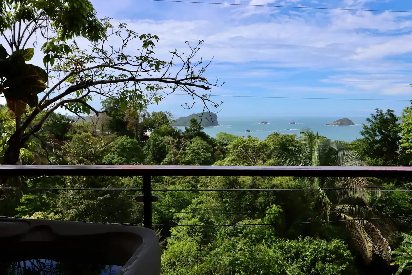 A view of the ocean from a balcony overlooking a lush green forest.