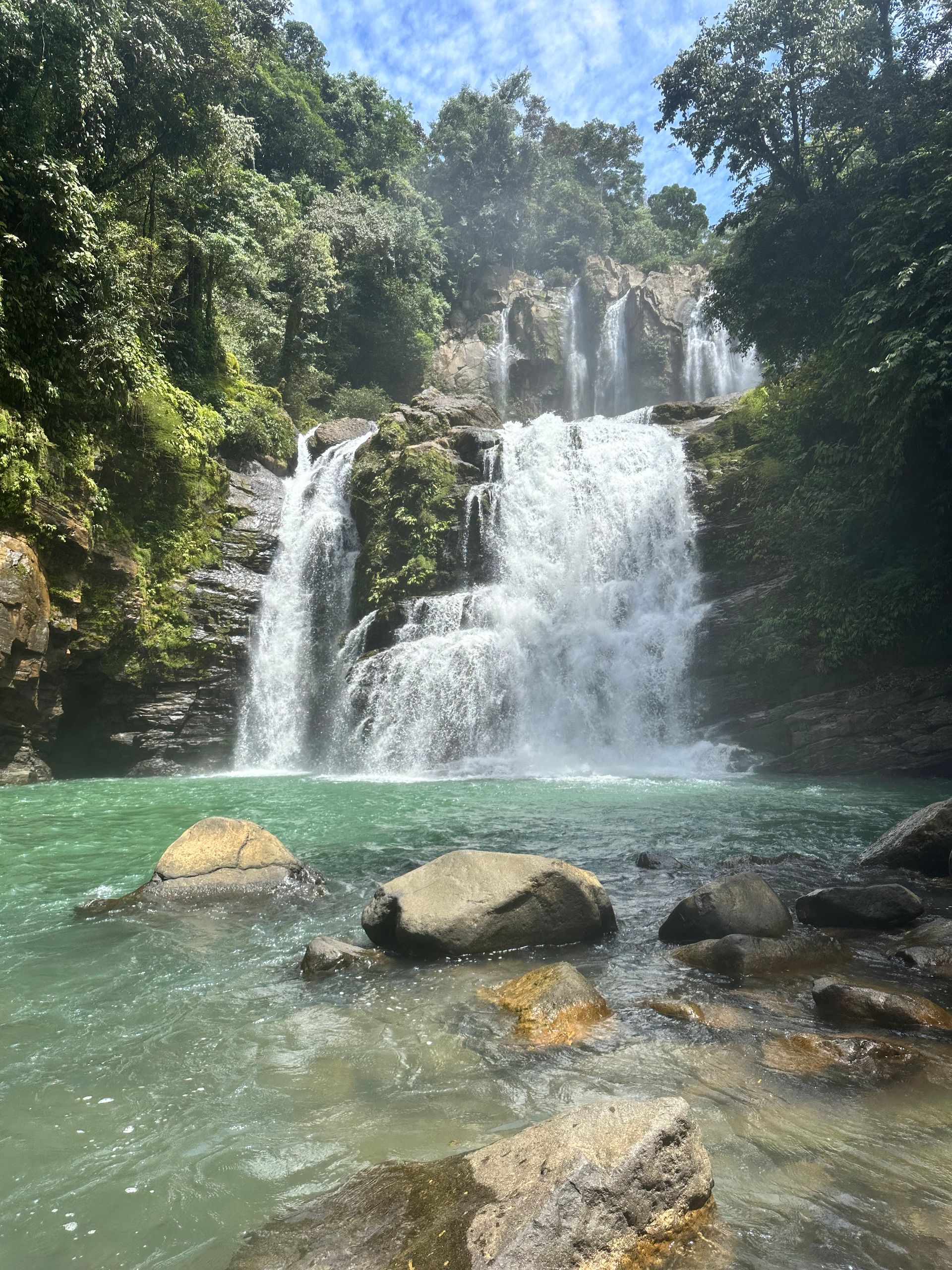 A waterfall is surrounded by trees and rocks in the middle of a river.