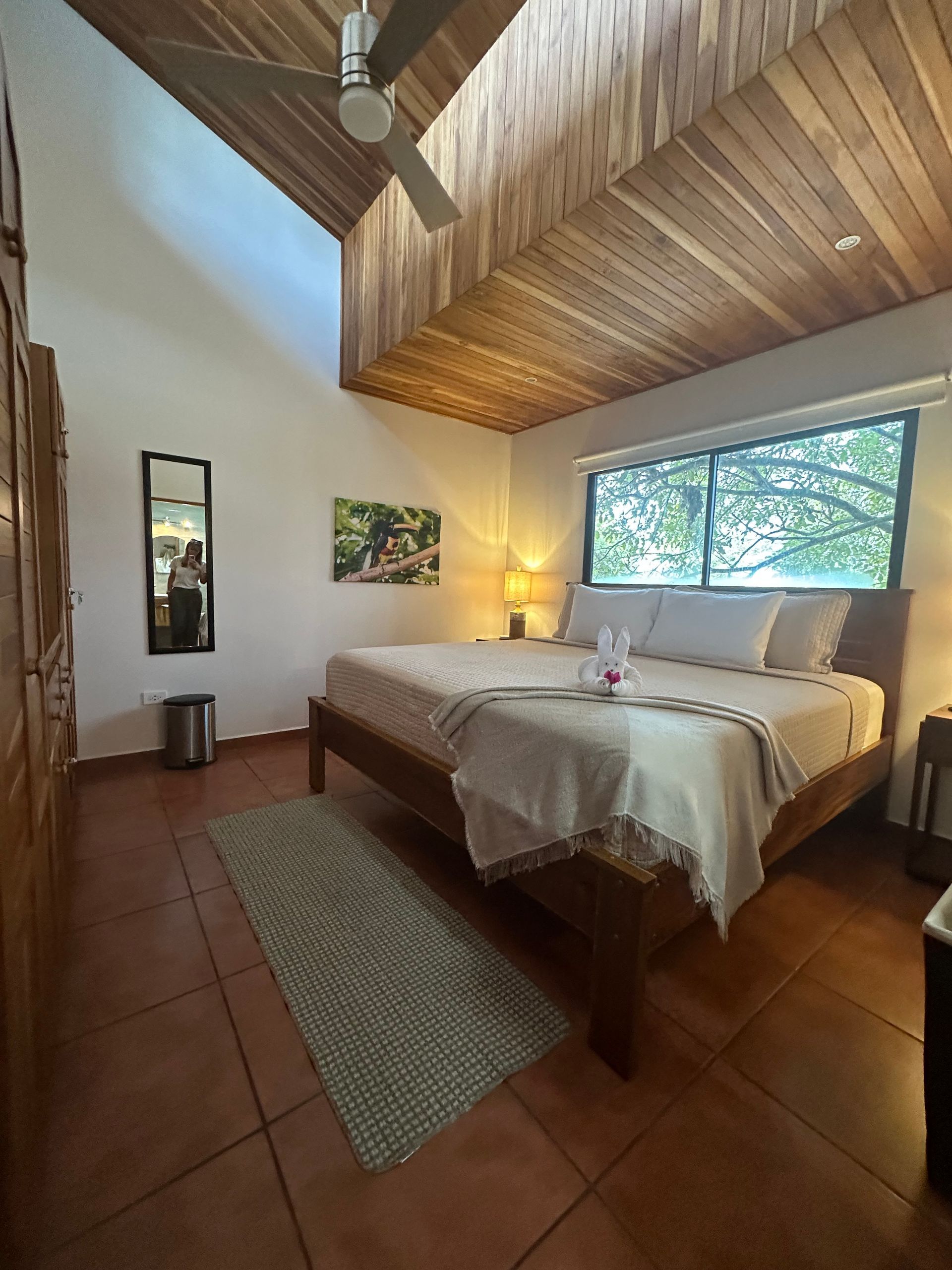 A bedroom with a king size bed and a ceiling fan.