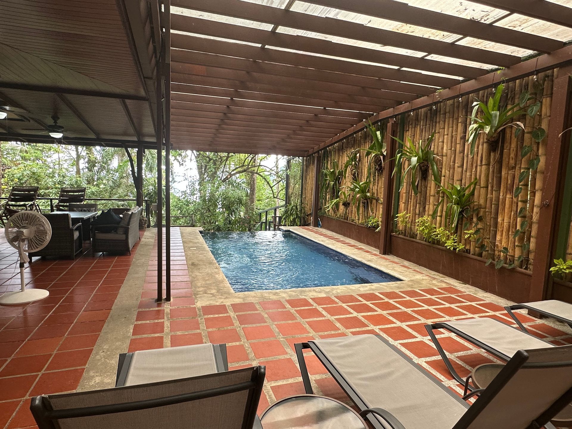A large swimming pool is surrounded by chairs and a pergola.