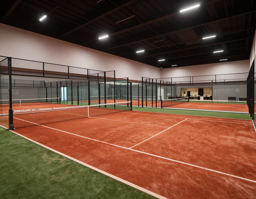 Canchas cubiertas de pickleball con suelo rojo, redes verdes e iluminación cenital en un gimnasio.