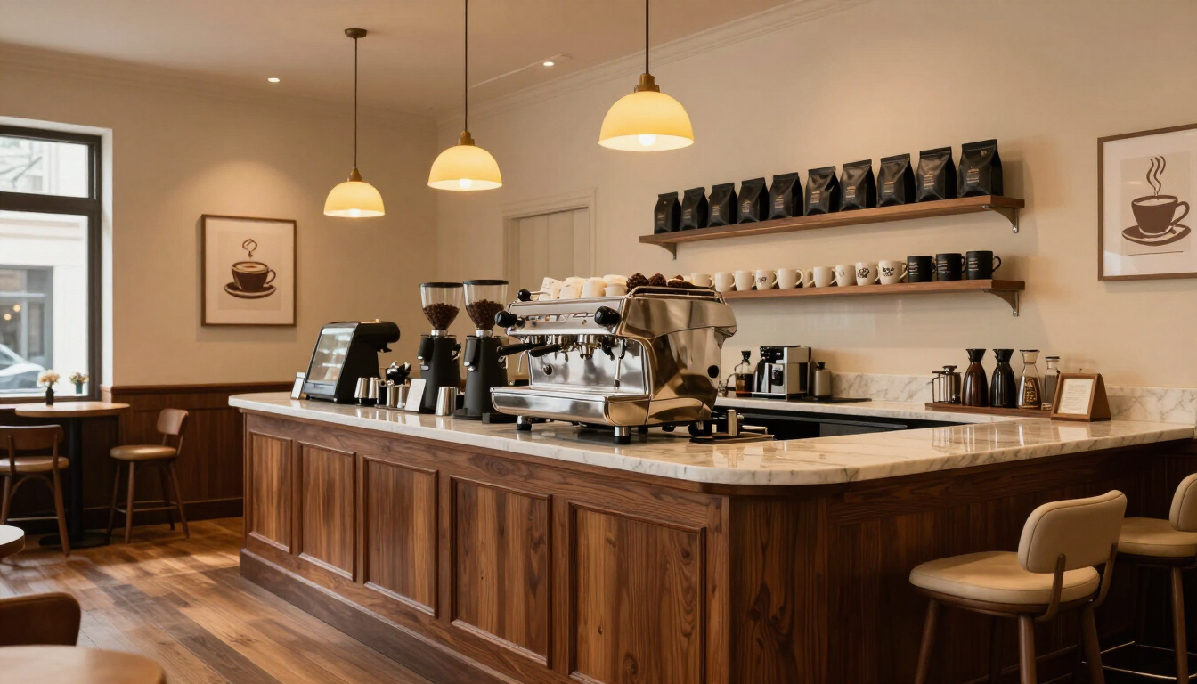 Interior acogedor de una cafetería con mostrador de madera, máquina de café espresso, lámparas colgantes 