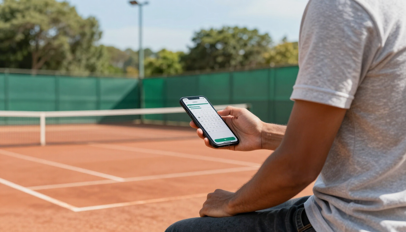 Una persona sentada en una cancha de tenis revisando su teléfono inteligente, con una raqueta