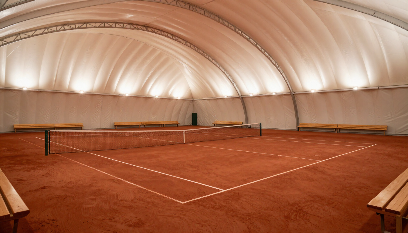 Pista de tenis cubierta de tierra batida, ubicada dentro de una cúpula inflable blanca, con red y bancos a los lados.