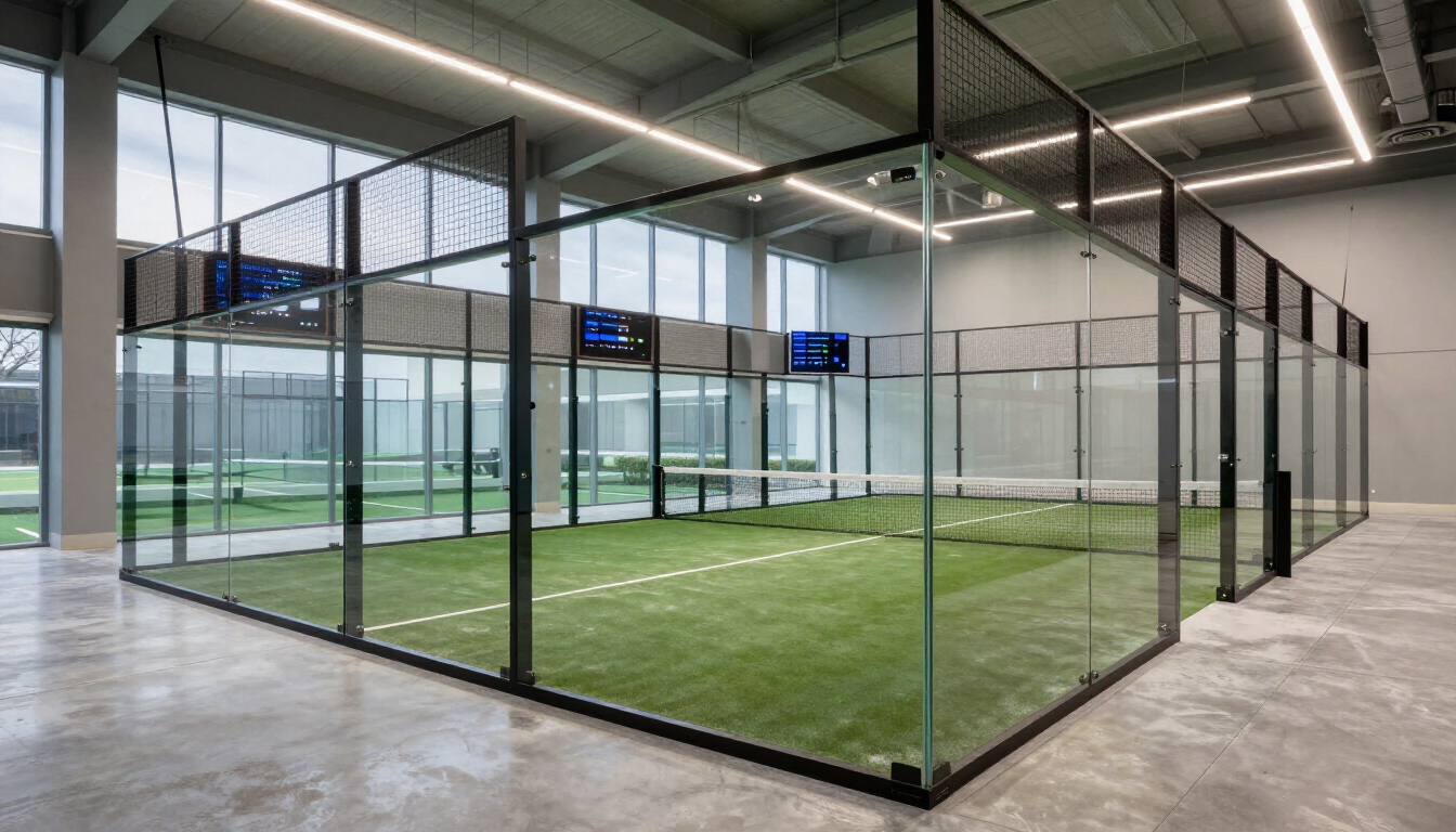 Pista deportiva cubierta vallada, con césped natural y paredes de malla negra, en un gimnasio moderno.
