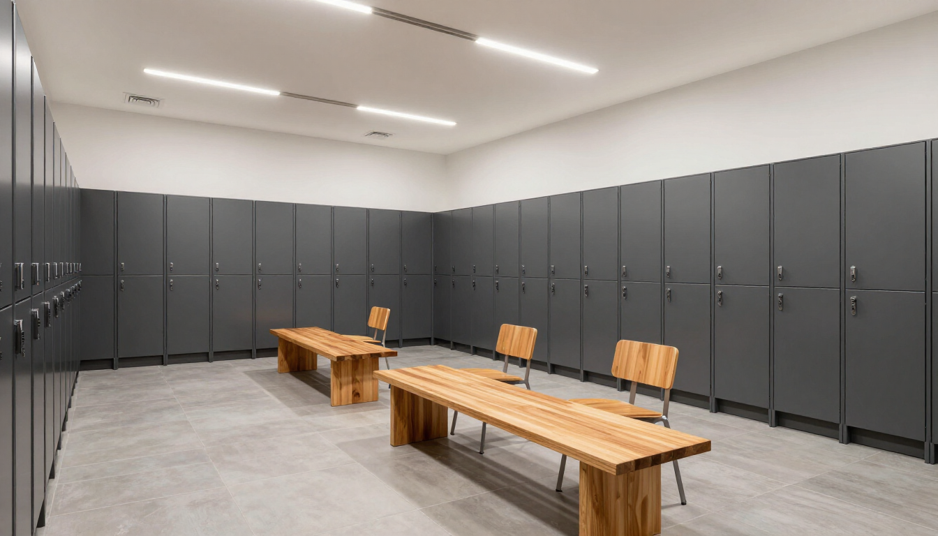 Vestuario vacío con taquillas grises, bancos de madera y luces brillantes en el techo.