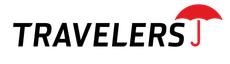 Travelers logo in black text with a red umbrella icon above the J