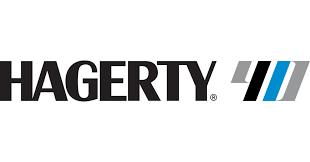 Hagerty logo in black with blue and gray diagonal stripes