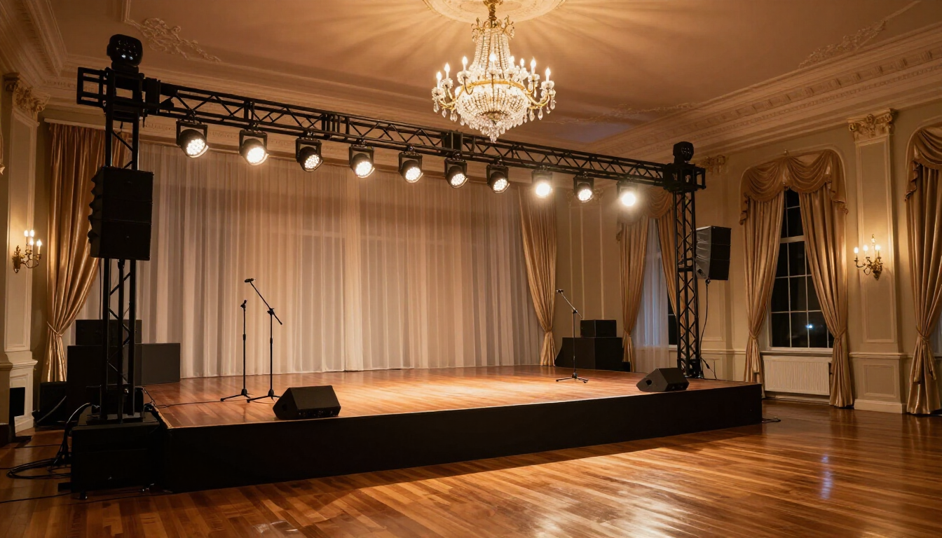 Elegant ballroom stage setup with full production
