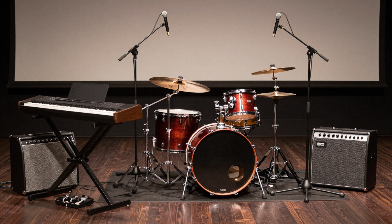 Backline equipment prepared for a live band stage