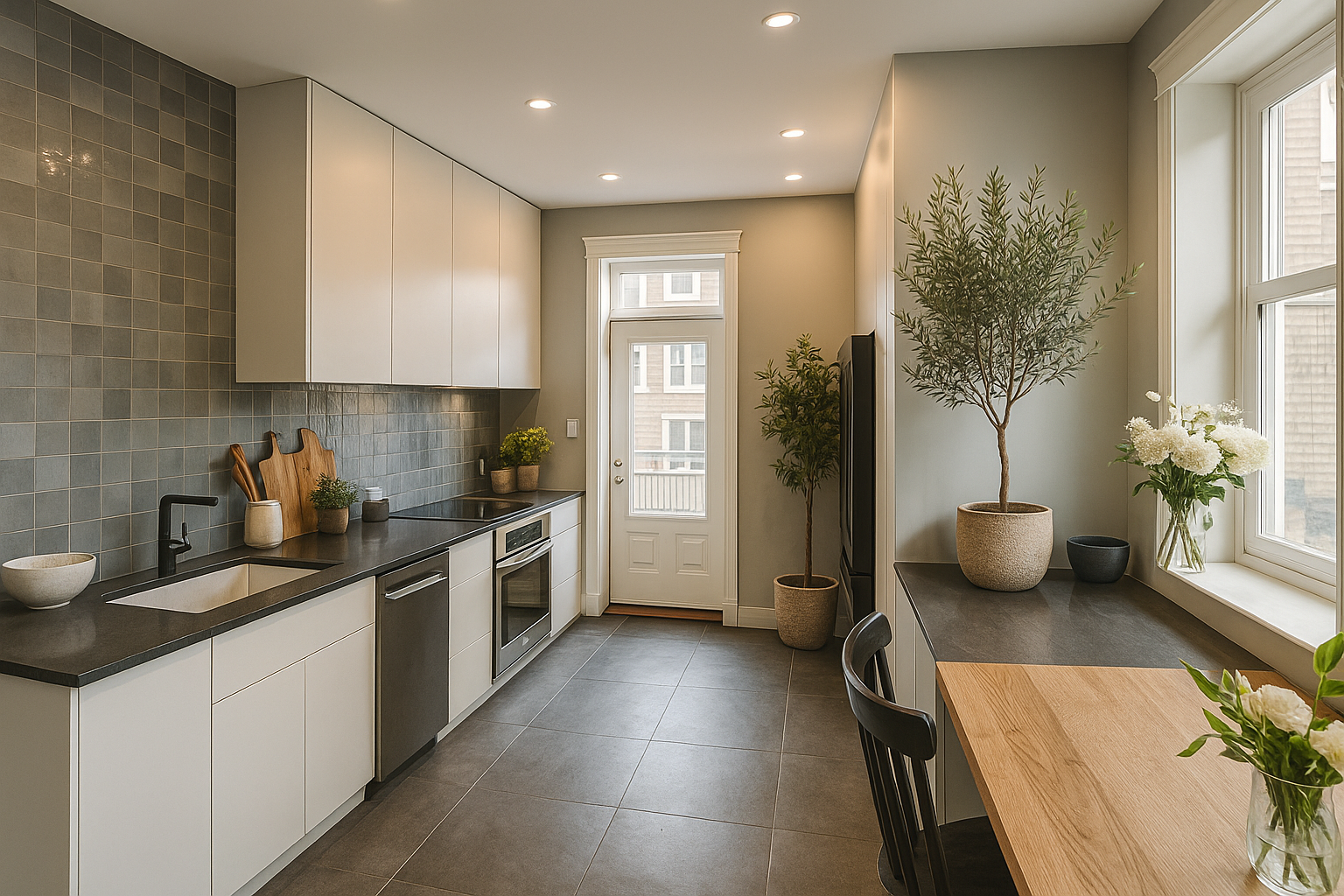Modern galley kitchen with white cabinets, stone tile backsplash, wooden counters, and window-side greenery