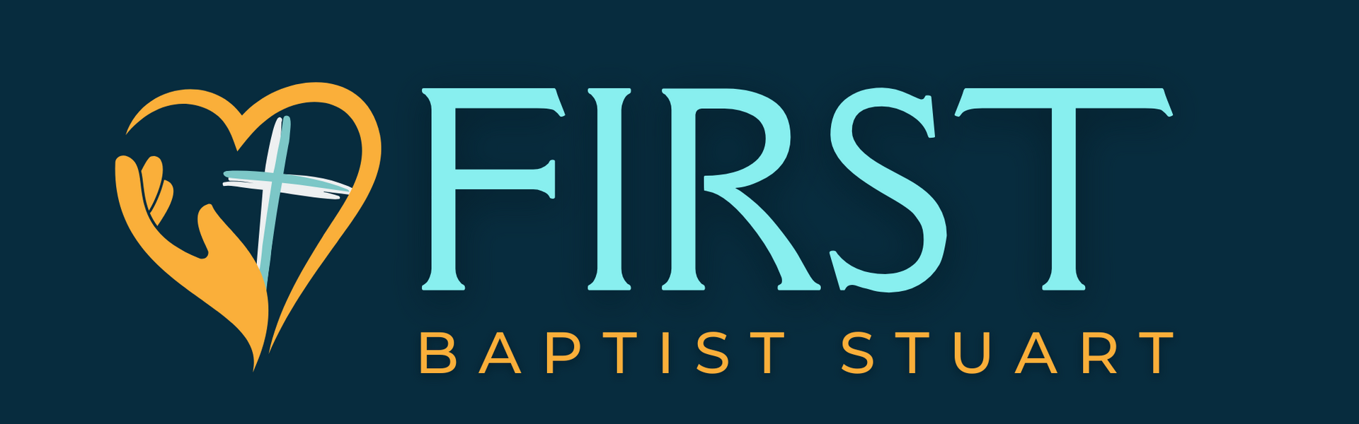 Logo for First Baptist Stuart: Heart with a cross and hand, turquoise text on a dark blue background.